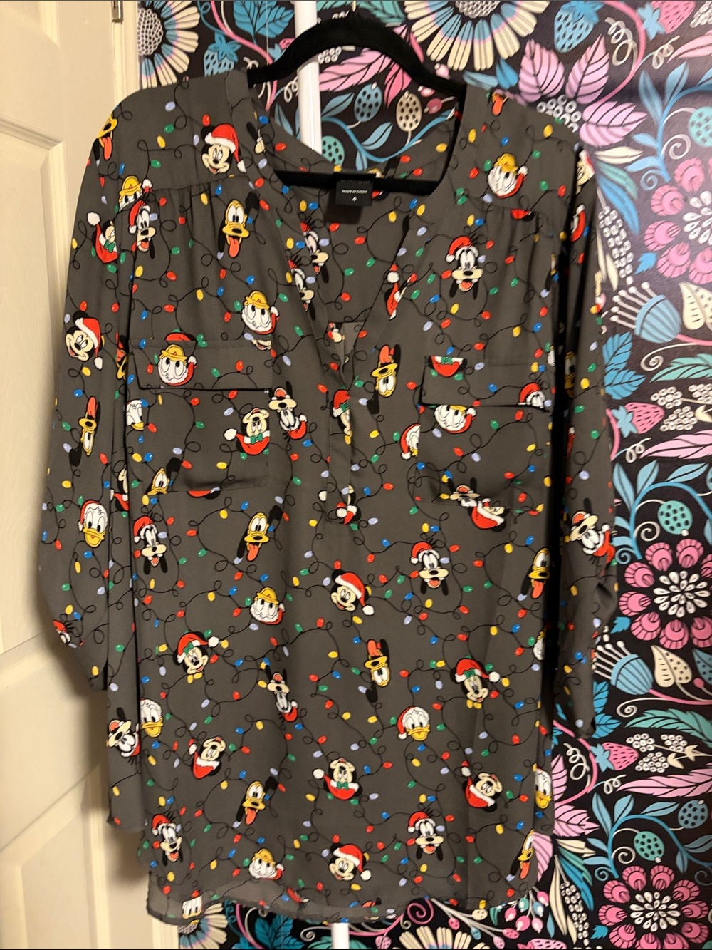 Disney Gray Mickey & Friends Holiday Lights Tunic Blouse